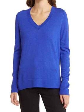 NWT Nordstrom Caslon Purple V Neck Long Sleeve Wool Blend Pullover Sweater Small